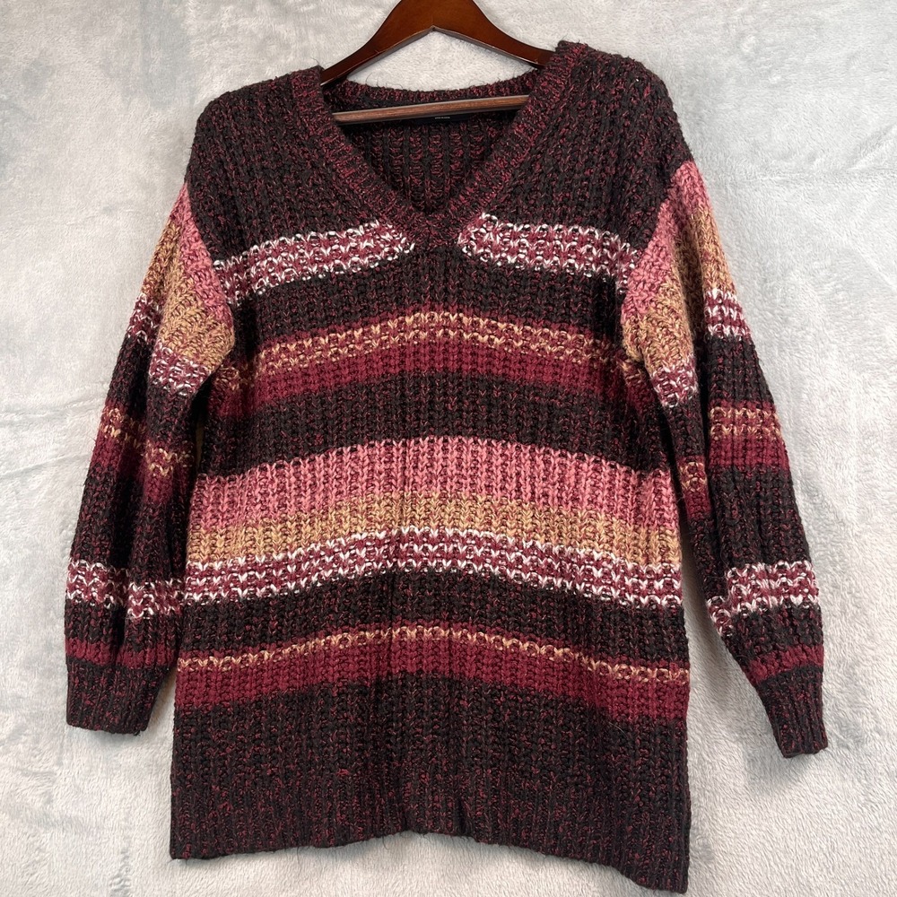 Lane Bryant Womens 14/16 V Neck Chunky Stripe Sweater Burgundy Pink Brown